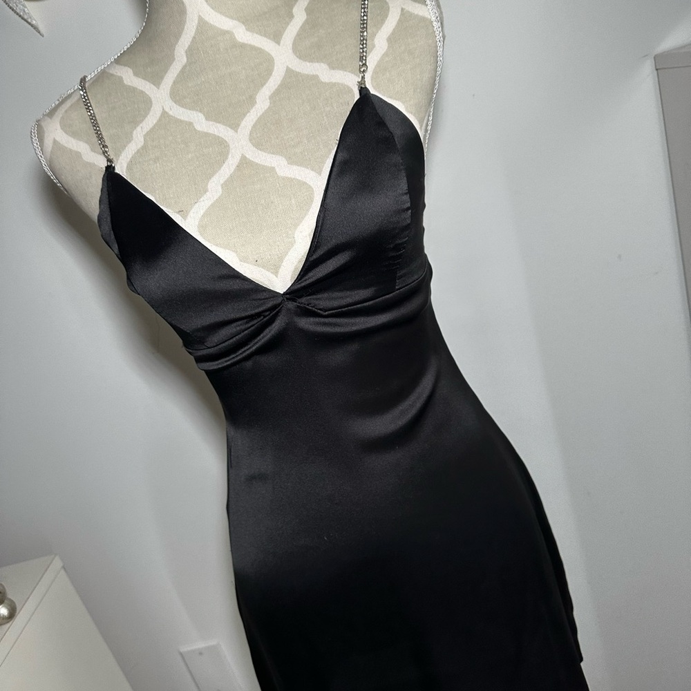 Elegant Black Satin Dress with Rhinestone straps